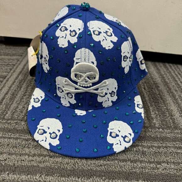Blue and white skull fitted baseball cap 7.25 rhinestone embellishments - Picture 1 of 4
